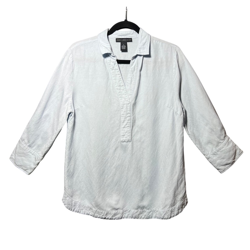 Joan Vass White Linen Blend Tunic Blouse Medium. Powder Blue